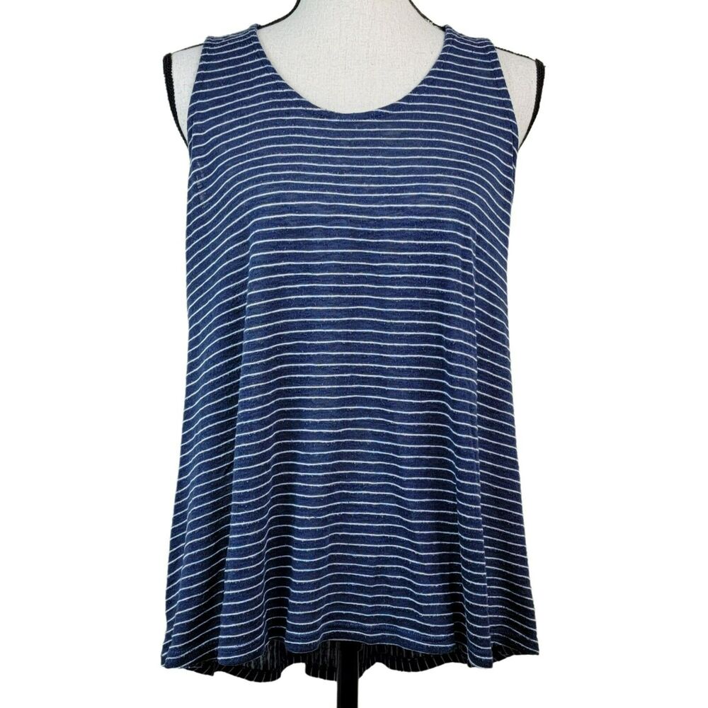 W5‎ Tank Top Womens Sz M Blue White Striped Exposed Back Zipper High Low Knit